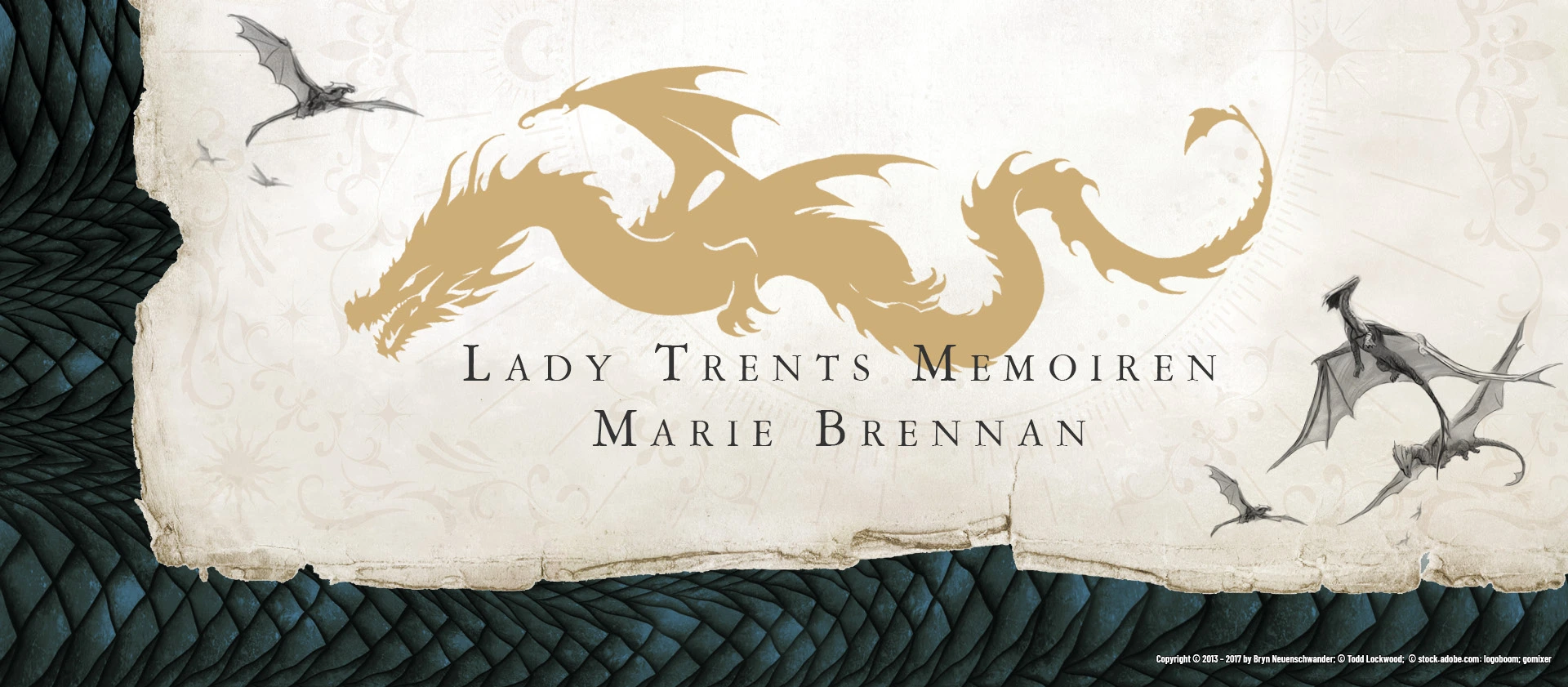 Banner zu Lady Trents Memoiren von Marie Brennan: Goldene Drachenillustration auf hellem Pergamenthintergrund, flankiert von grau gezeichneten fliegenden Drachen. Unten Schuppenstruktur in Dunkelblau.