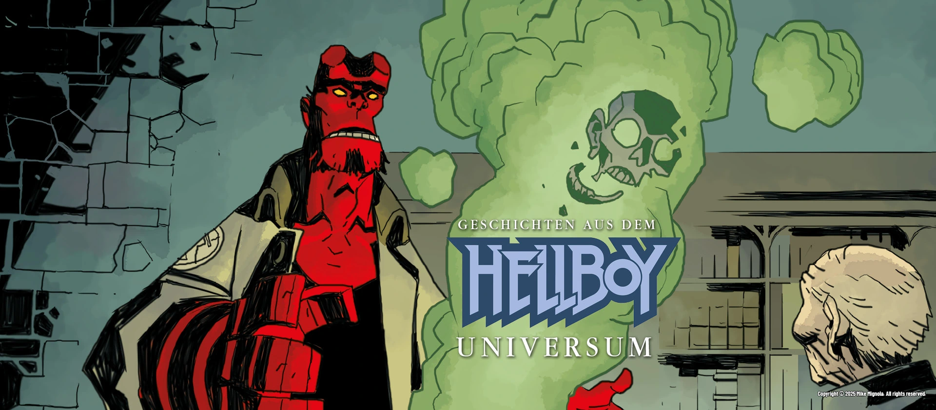 Bannerbild zum Comic-Universum „Hellboy“ von Mike Mignola: Der rote Dämon Hellboy mit Trenchcoat und Steinfaust steht in zerstörter Umgebung, während grüne Geisterwolken mit einem Totenschädel aufsteigen. Schriftzug: „Geschichten aus dem Hellboy-Universum“ in markanter Typografie.