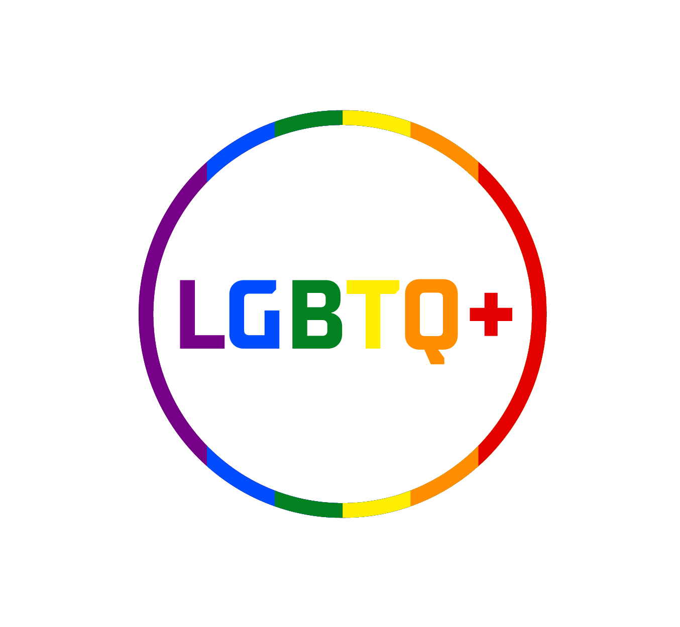 Buntes LGBTQ+-Symbol mit farbigen Buchstaben (L in Blau, G in Grün, B in Blau, T in Gelb, Q in Orange, + in Rot), umgeben von einem kreisförmigen Regenbogenrahmen – steht für Vielfalt, Inklusion und die LGBTQ+-Community.