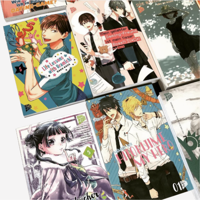 Verschiedene Manga- und Manhwa Cover, wie eine Art Teppich arrangiert, um dem Abo-Shop von Cross-Cult zu illustrieren