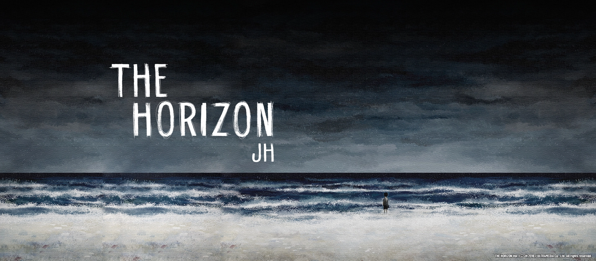 Banner zum Manhwa The Horizon von JH: Eine weite, düstere Meereslandschaft mit grauem Himmel und rauer Brandung. Am Horizont steht eine kleine, einsame Figur im Wasser und blickt auf das offene Meer. Der Titel „The Horizon“ ist groß im Himmel platziert und unterstreicht die melancholische, nachdenkliche Stimmung.