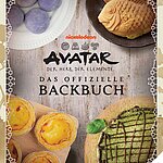 Buchcover des offiziellen „Avatar – Der Herr der Elemente Backbuchs“: Farbige Illustration mit Aang, Katara, Sokka, Toph und Zuko, umgeben von traditionellen Backutensilien und Gebäckstücken, eingebettet in die vier Elemente Wasser, Erde, Feuer und Luft. Titel in verspielter Schrift zentral platziert.