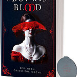 Sonderausgabe des Buches „A Dowry of Blood“ mit kunstvollem Cover: Eine barock gekleidete Frau mit Perlenkette und rotem Schleier über den Augen, vor ornamentiertem, dunklem Hintergrund. Im Vordergrund zwei exklusive Spiegel-Extras.