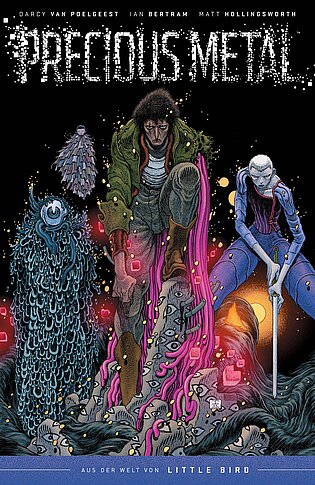 Buchcover des Comics „Precious Metal“ von Darcy Van Poelgeest und Ian Bertram: Düstere Illustration eines Mannes mit mechanischem Arm, umgeben von futuristischen Elementen und einem leuchtenden Hintergrund. Der Titel „Precious Metal“ ist prominent in metallischen Buchstaben dargestellt.