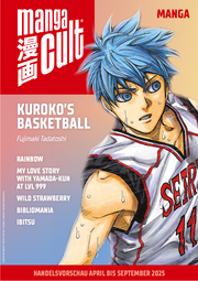 Cover der Händlerkatalogvorschau von Manga Cult – Fruhjahr 2025 mit dem Covermotiv und dem Titellogo von "Kurokos Basketball"