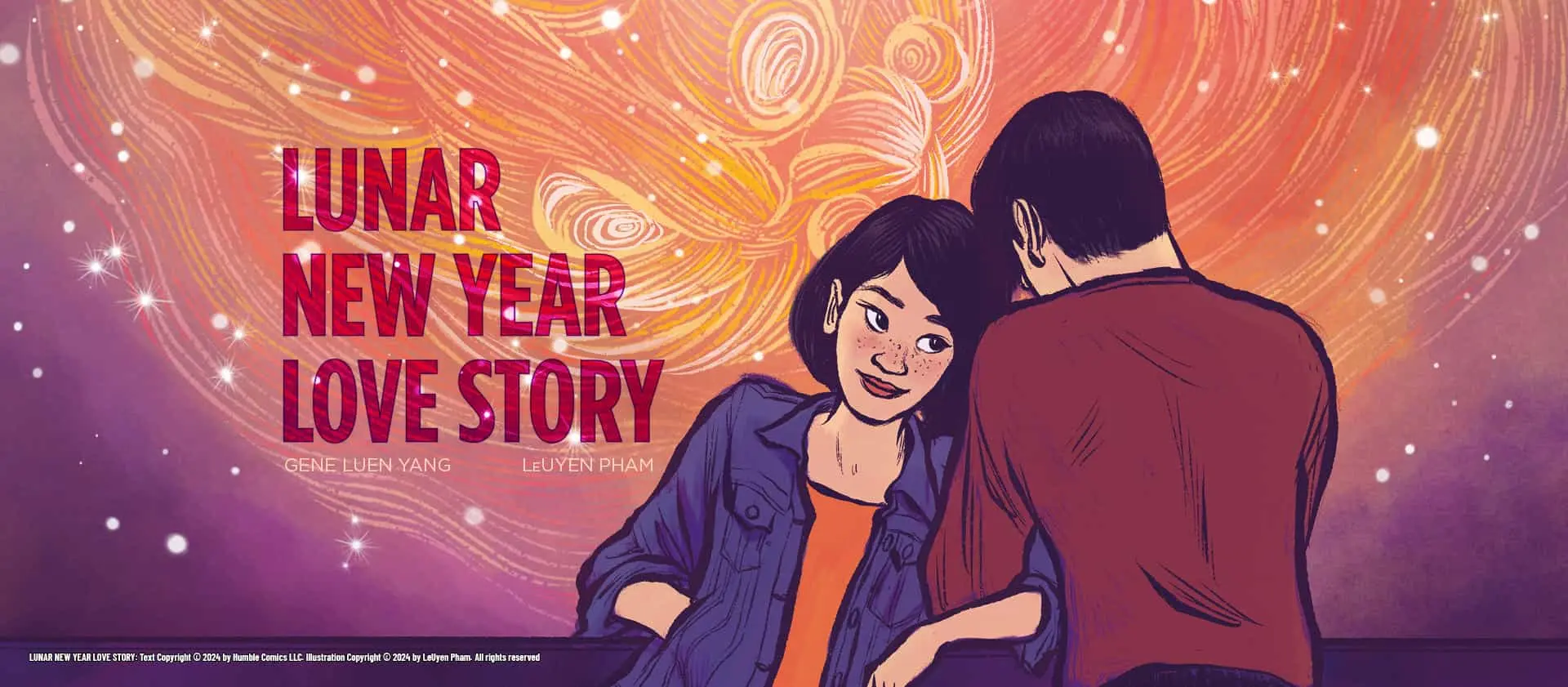   Banner-Illustration des Comics „Lunar New Year Love Story": Eine junge Frau mit Sommersprossen lehnt sich lächelnd an einen Mann, im Hintergrund ein warmes, orangerotes Leuchten mit floralen Wirbeln und Lichtpunkten. Autoren: Gene Luen Yang · LeUyen Pham.