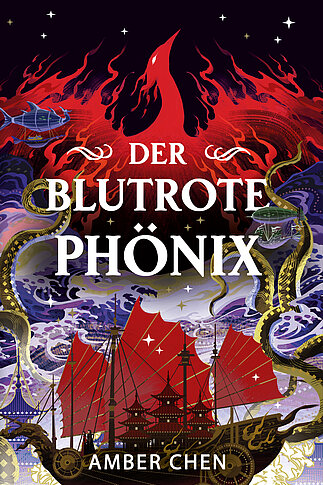 Cover von „Der blutrote Phönix (Der Sturz des Drachen 2)“ von Amber Chen: Dramatische Silkpunk-Fantasy-Illustration mit einem roten, feuerspeienden Phönix über einem wolkenverhangenen Meer und Sturmlandschaft; Titel in weißer Schrift auf dunklem Hintergrund.