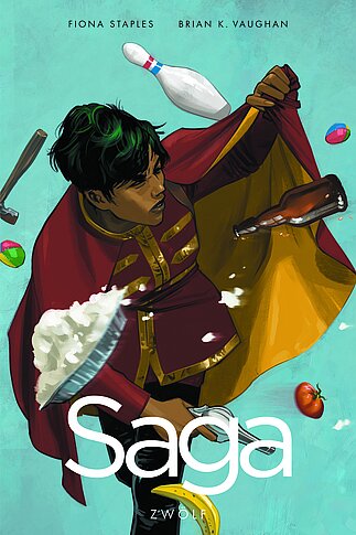 Comiccover zu „Saga“ Band 12 von Brian K. Vaughan & Fiona Staples: Zwei zentrale Figuren – eine humanoide Maus und ein Baby – schweben in der Luft vor einem kosmischen, farbenfrohen Hintergrund. Die futuristische Schrift Saga 12 ist prominent platziert.
