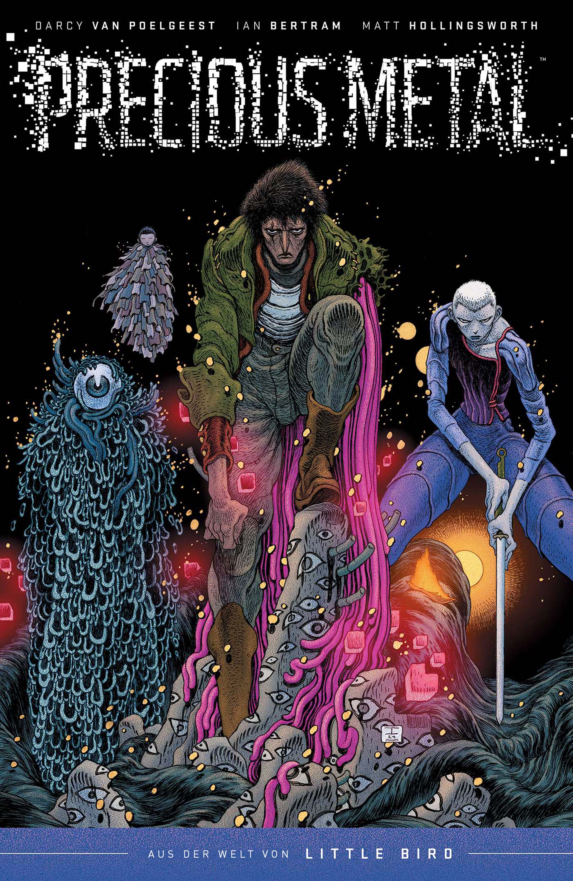 Buchcover des Comics „Precious Metal“ von Darcy Van Poelgeest und Ian Bertram: Düstere Illustration eines Mannes mit mechanischem Arm, umgeben von futuristischen Elementen und einem leuchtenden Hintergrund. Der Titel „Precious Metal“ ist prominent in metallischen Buchstaben dargestellt.