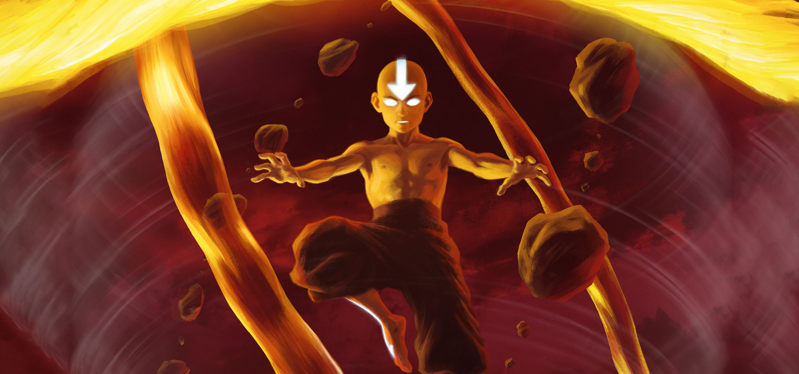 Headerbanner mit gelb-rotem Hintergrund mit Luftornaden. in der Mitte sieht man Aang, der Protagonist von "Avatar – der Herr der Elemente" der Feuer, Luft und Erde bändigt. Seine Augen leuchten wie Leuchttürme.