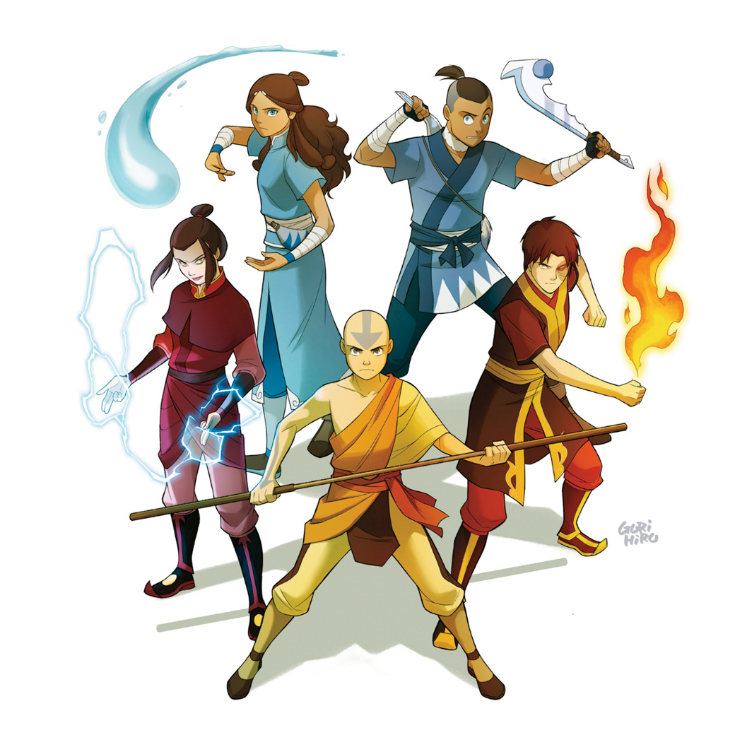 Eine Gruppenbild der Avatar – der Herr der Elemente Hauptfiguren, die sich im Kreis halten, und ihr jeweiliges Element vor Ihnen bändigen