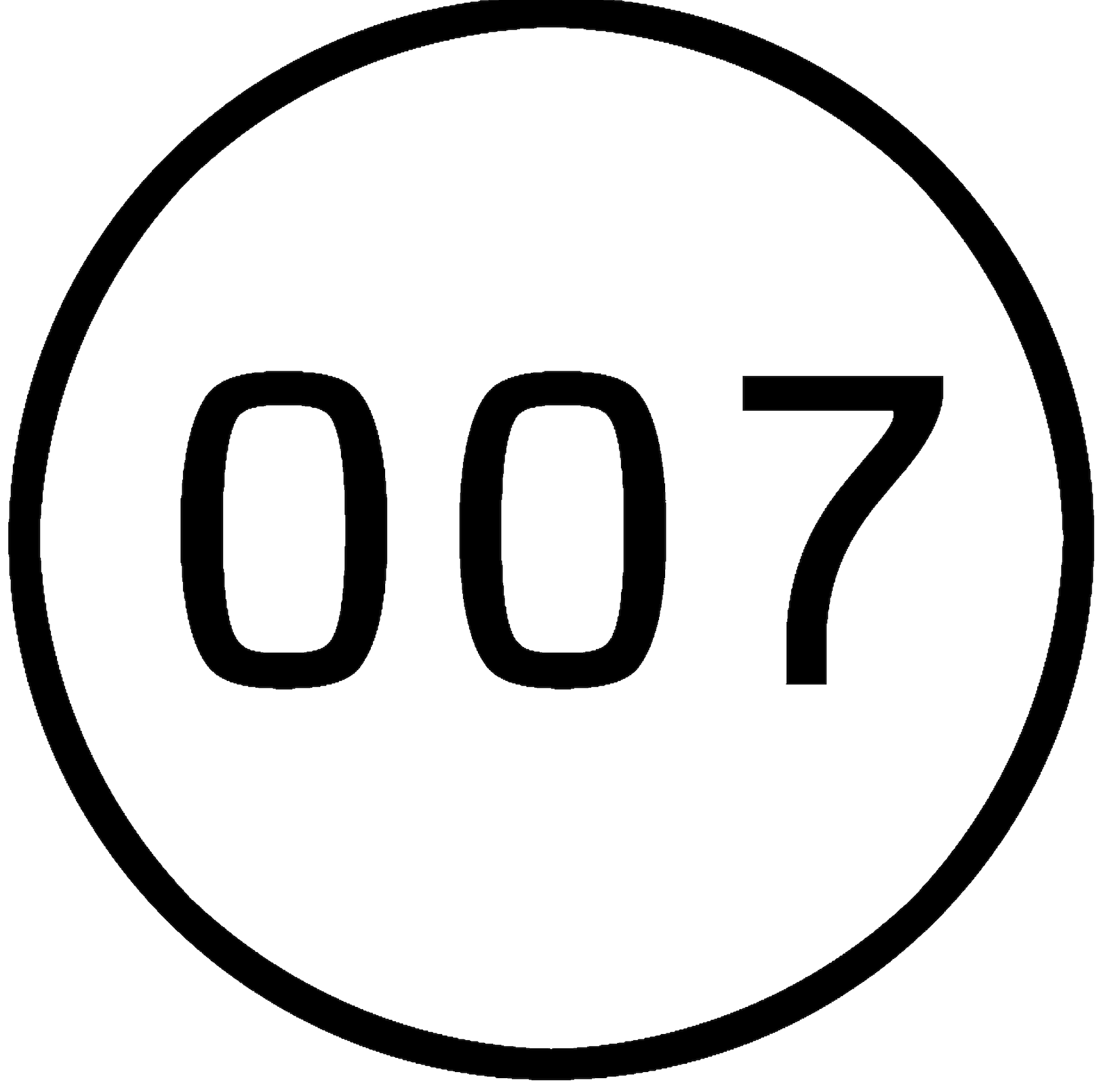 schwarz geschriebene "007" auf weißem Hintergrund in einem schwarzen Kreis